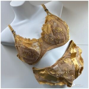 Escada Gold Embroidered Mesh Sheer Lingerie Set Size 34D/4